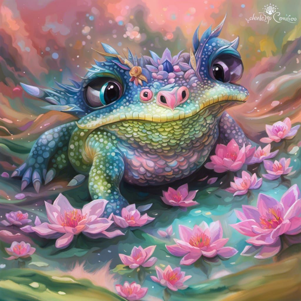 Pastel Neon Dragons on Lotus Blossoms