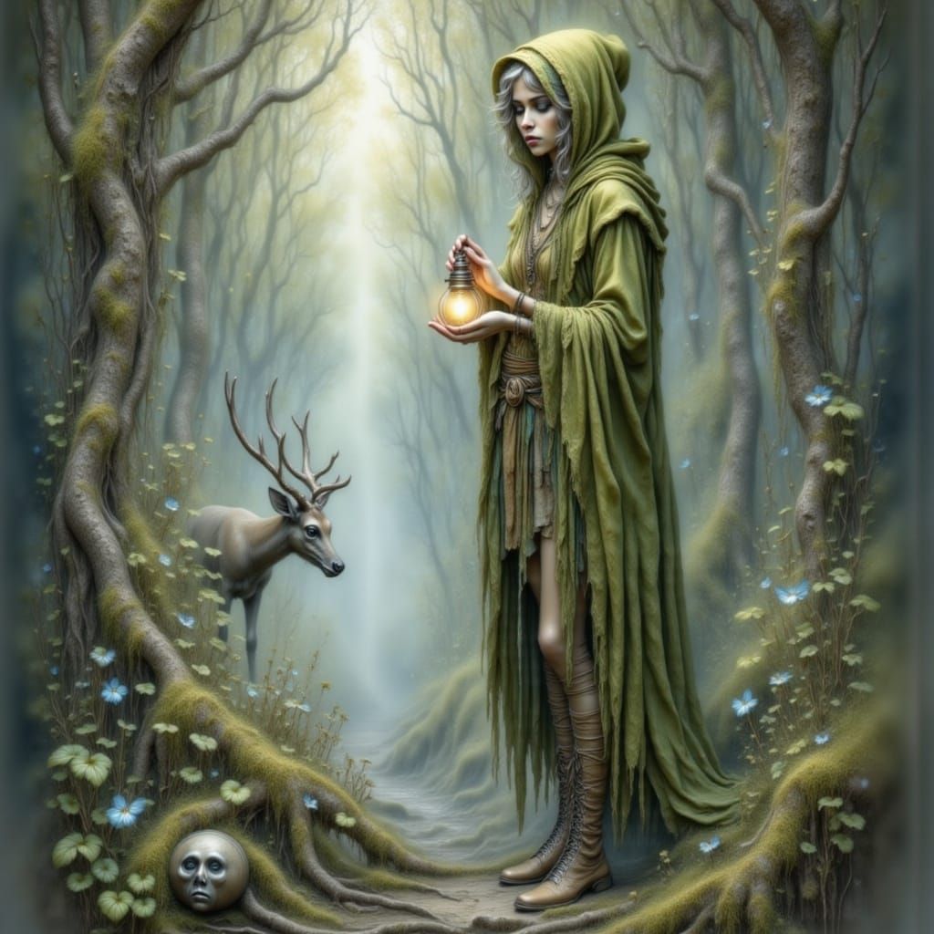 Druid with Firefly Lantern in Mystical Forest