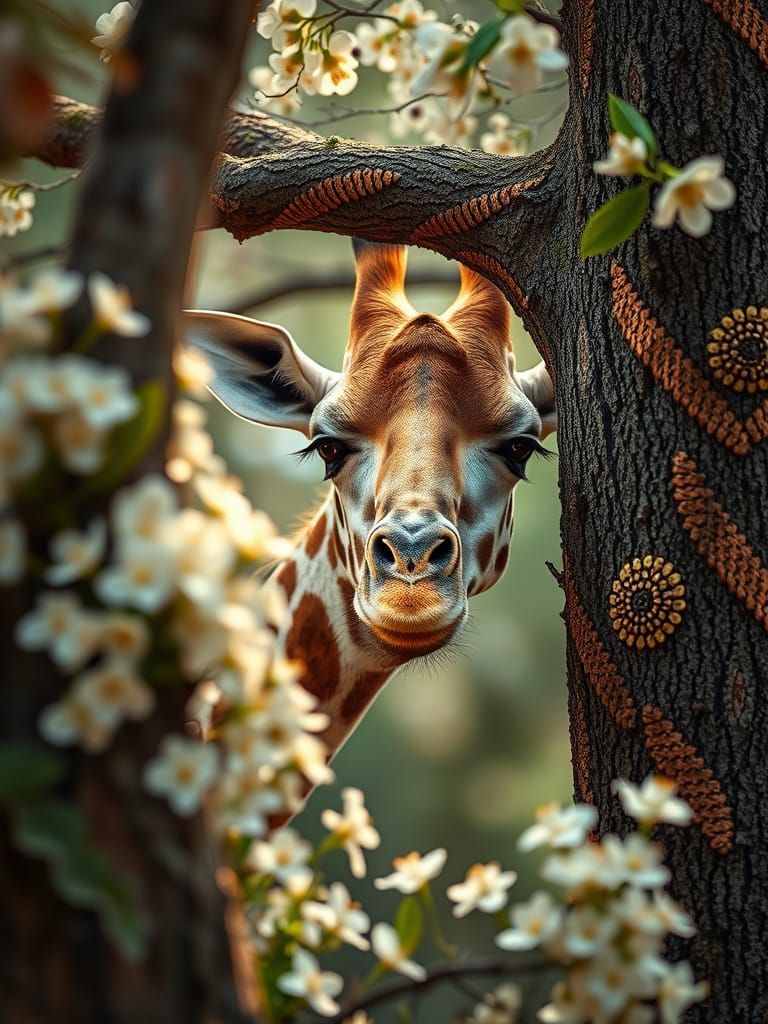Serene Giraffe in Fantastical Floral Landscape