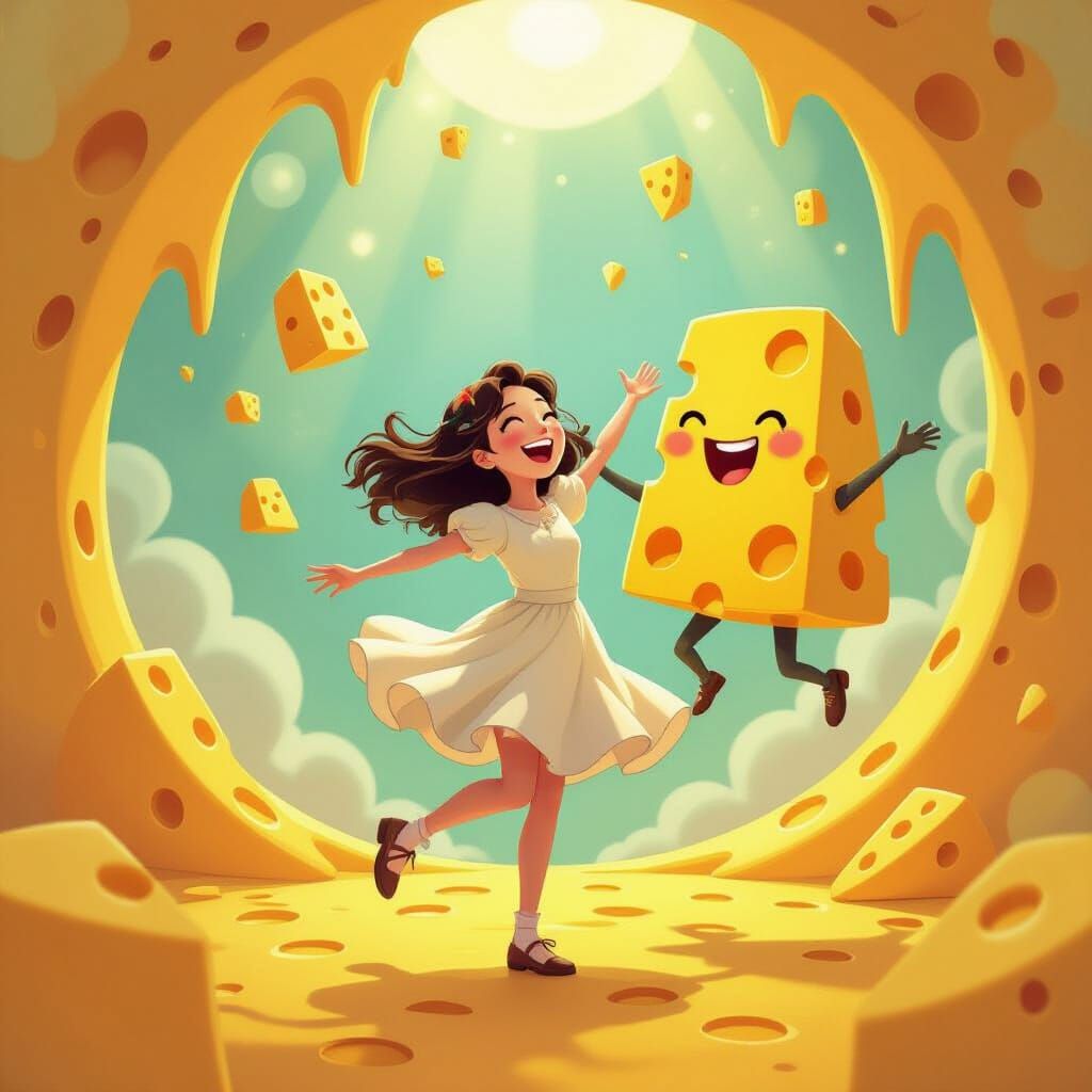 Woman Dancing in Cheese World with Singing Cheese Character