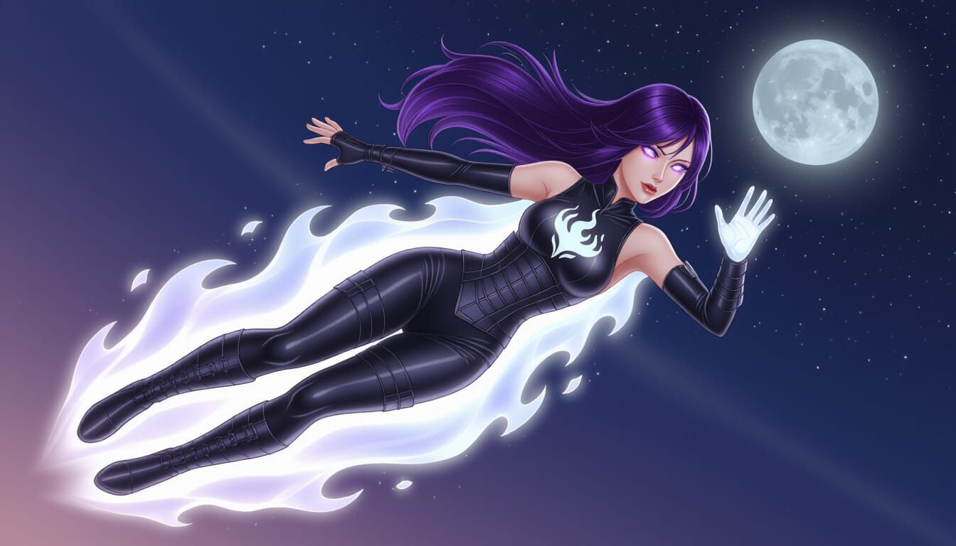 Athletic Woman with Violet Eyes in Fiery Catsuit