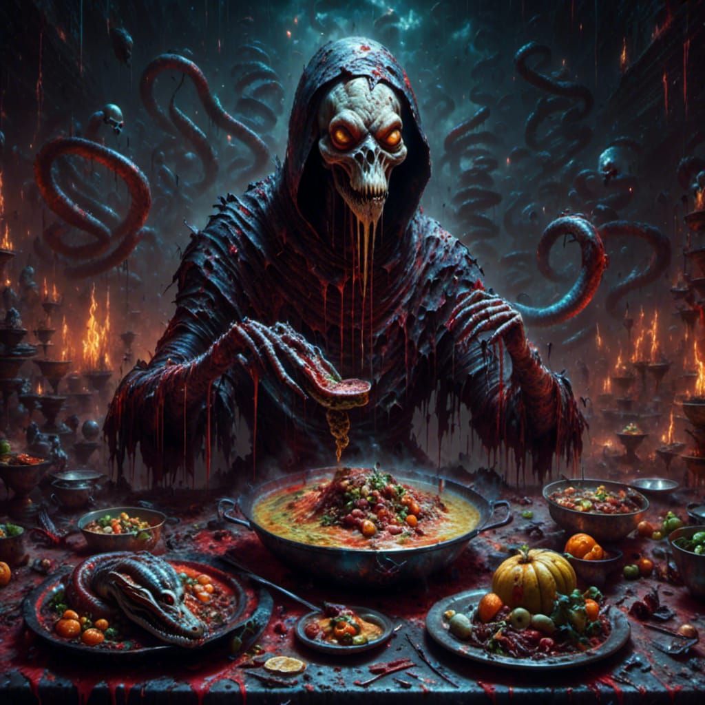 ghost serving up Oogie"s snake and spider stew,