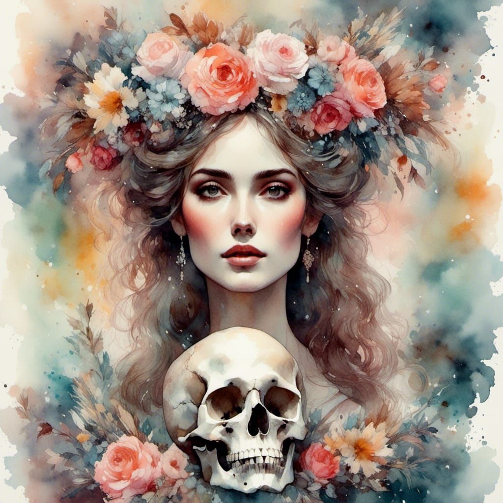 Watercolor Woman with Skull and Flowers