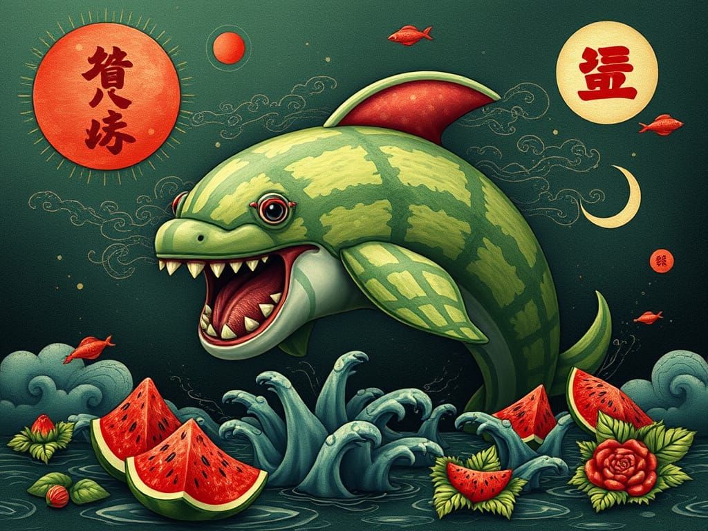 Surreal Japanese Watermelon Scene with Tengu and Undead Dolp...