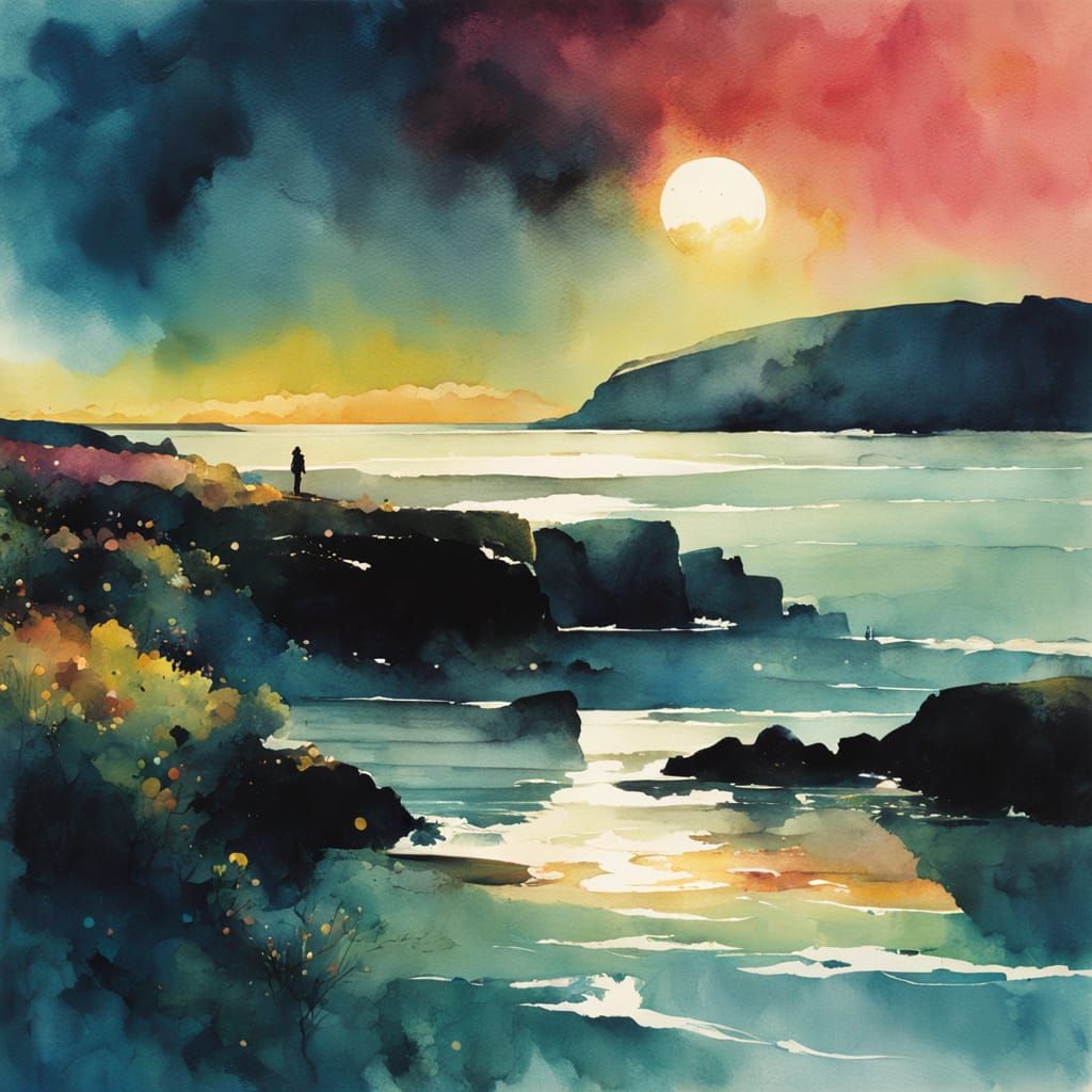 Seashore Night in Chiaroscuro Alcohol Ink Style