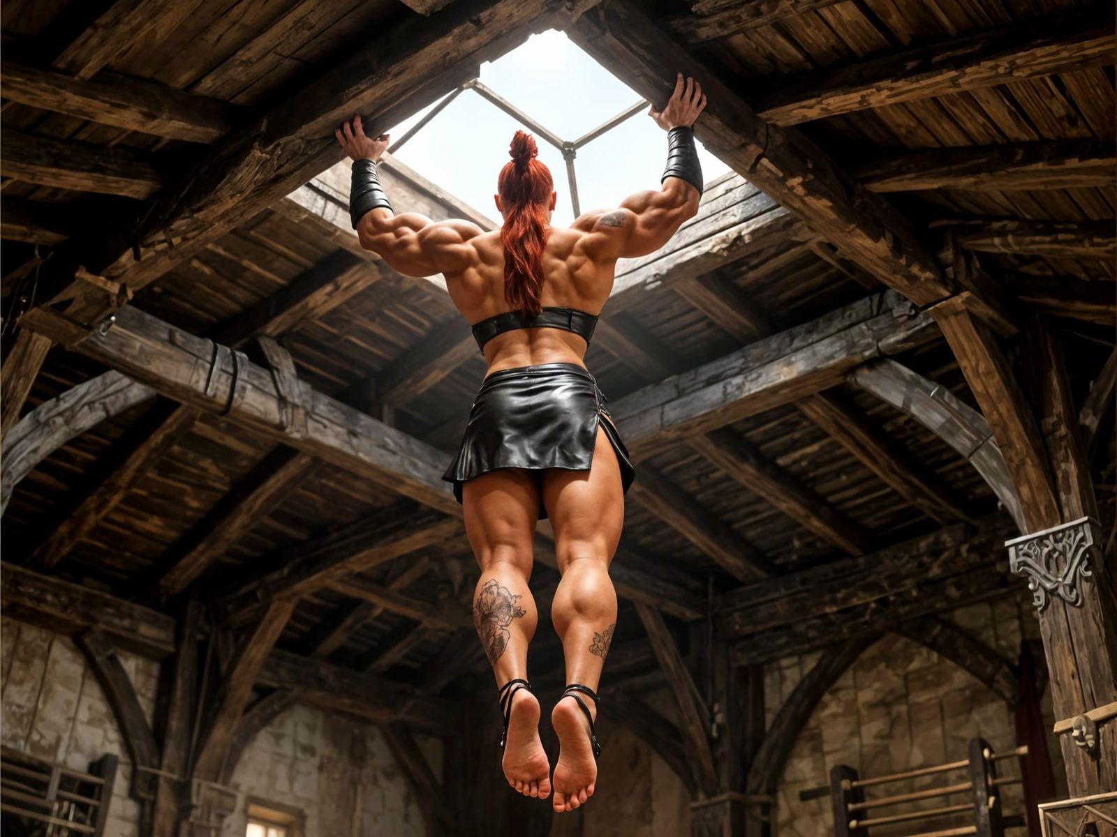 Muscular Amazon Warrior Escapes Through Medieval Skylight