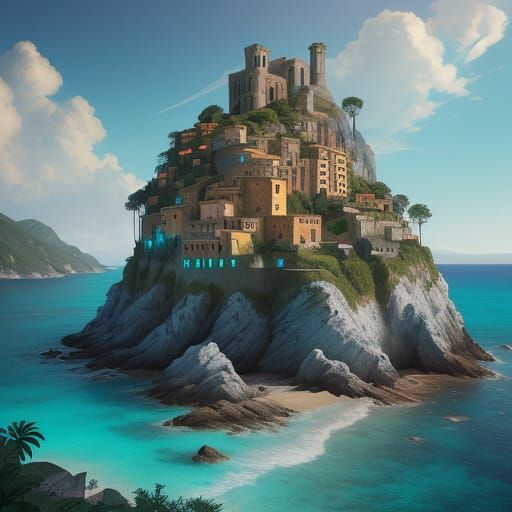 Fantasy Coastal Village in Warm Golden Light