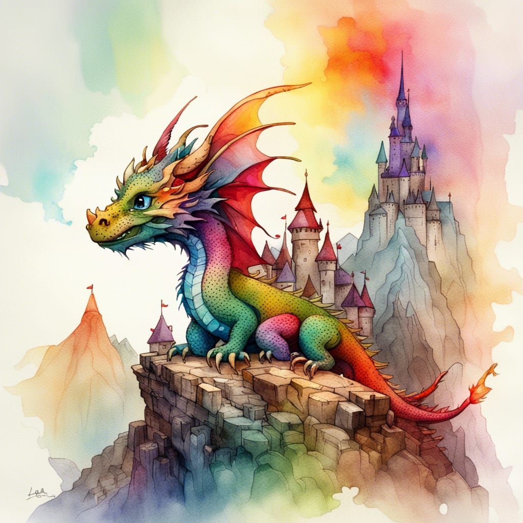 Fantasy Dragon in Watercolor Style Landscape