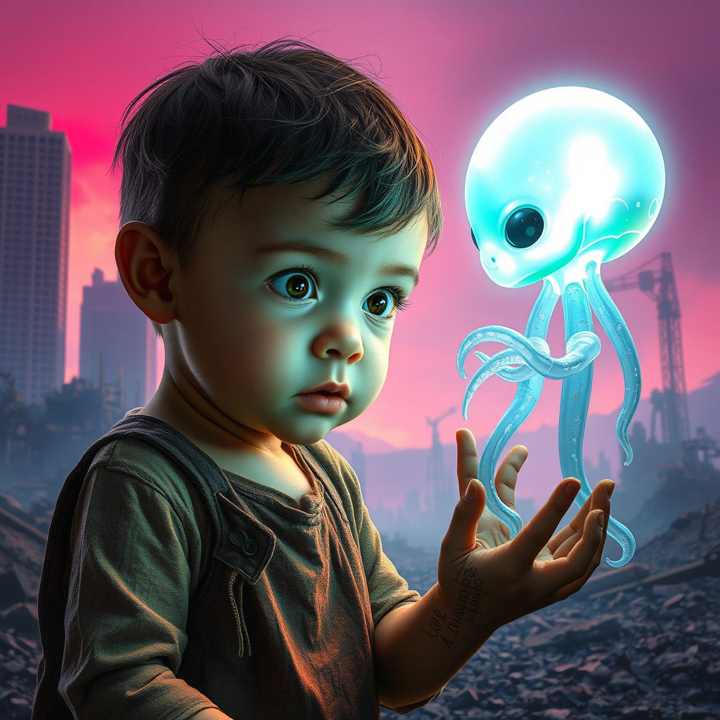 Child and Bioluminescent Toy in Post-Apocalyptic World