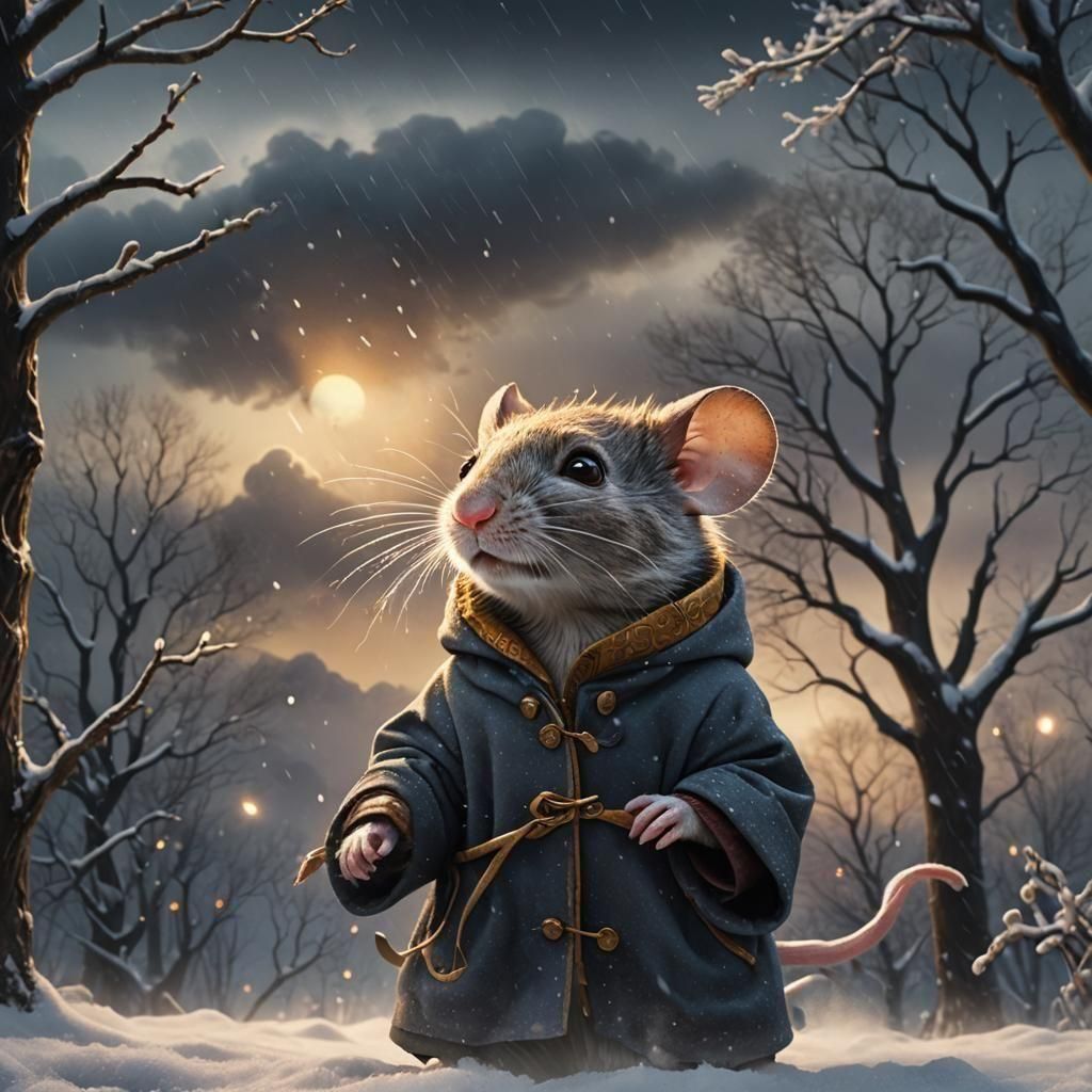 Mouse in Winter Storm with Magical Lights