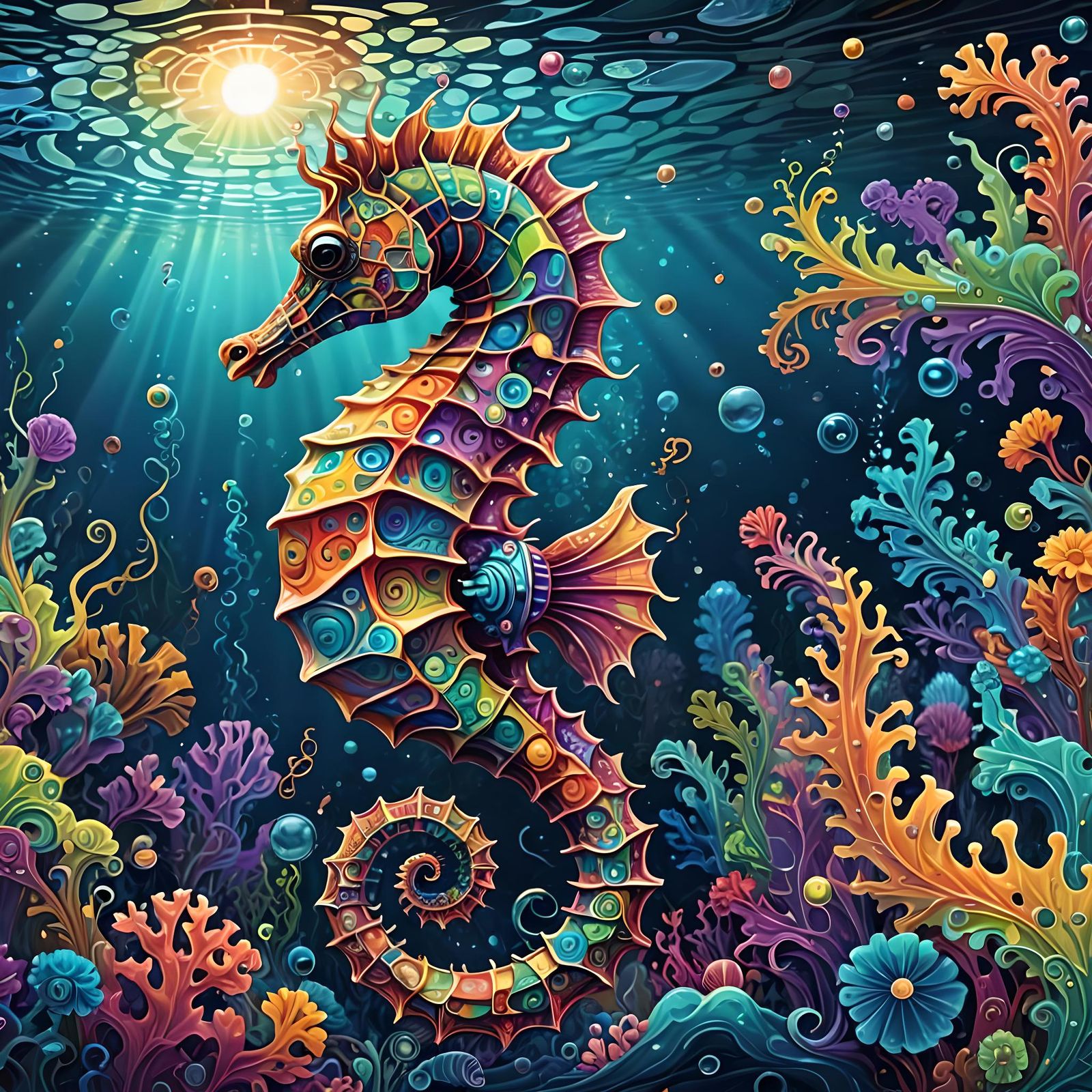 Psychedelic Seahorse in Underwater Neon Kingdom