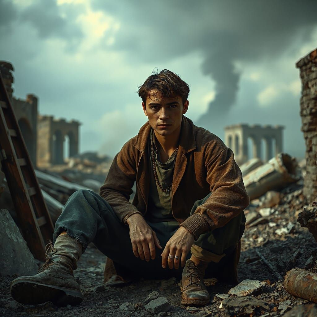 Despairing Man in Ruins: Dystopian Landscape