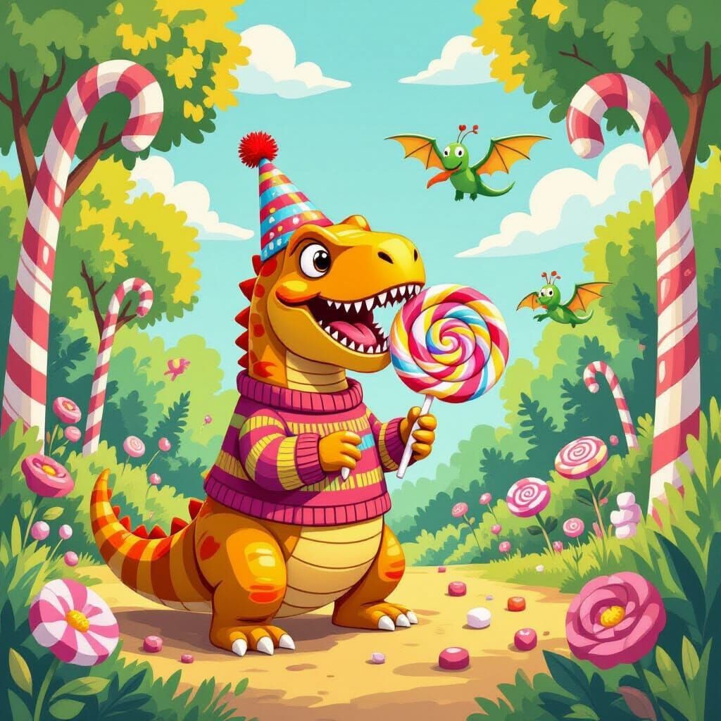Gummy T-Rex Enjoys Lollipop in Candy Jungle