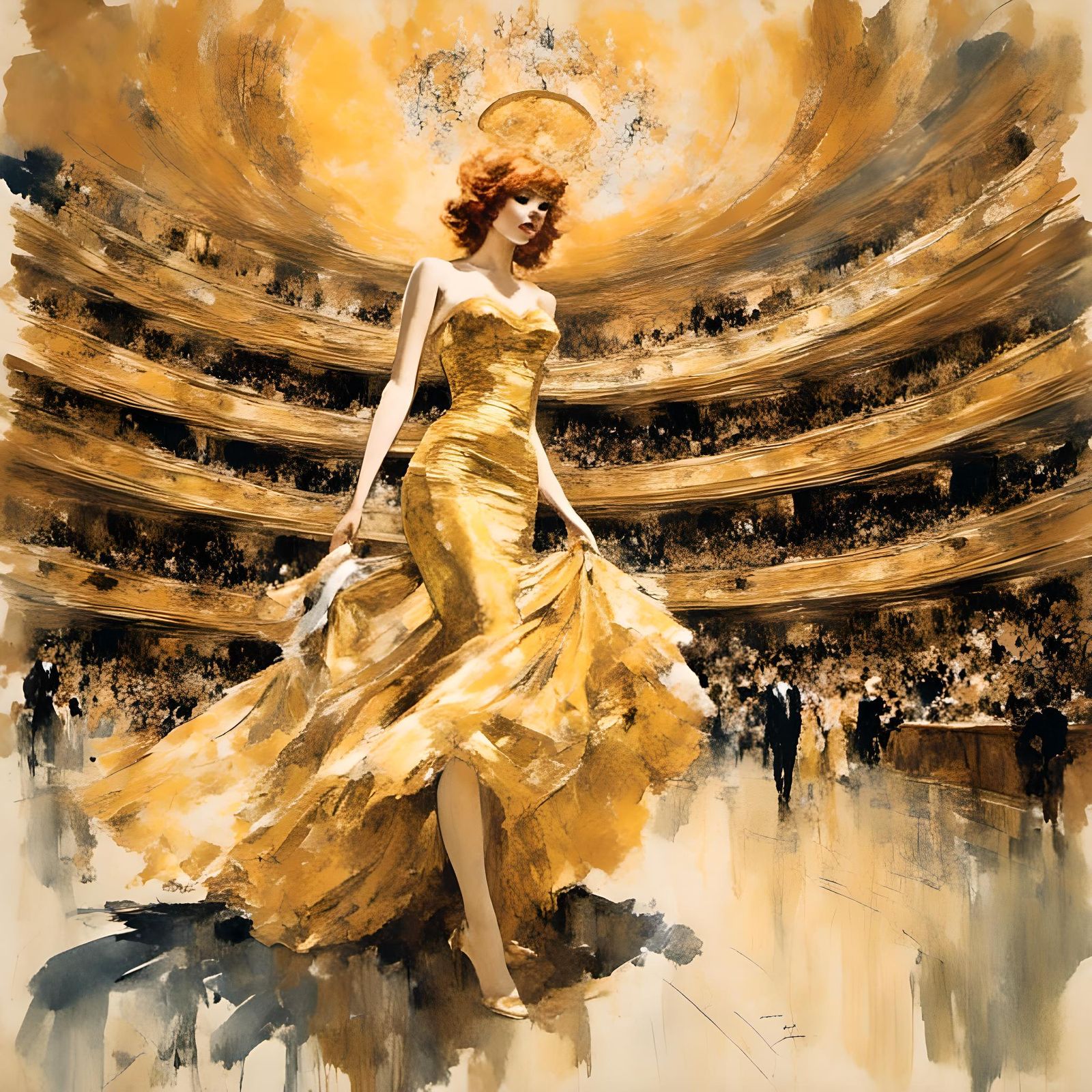 Glamorous Woman in Golden Dress at Grand Theater