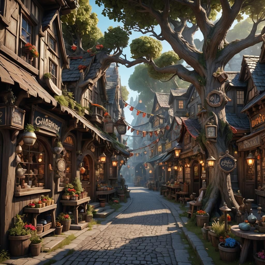Charming Gnome Shop Street in Detailed Fantasy Art