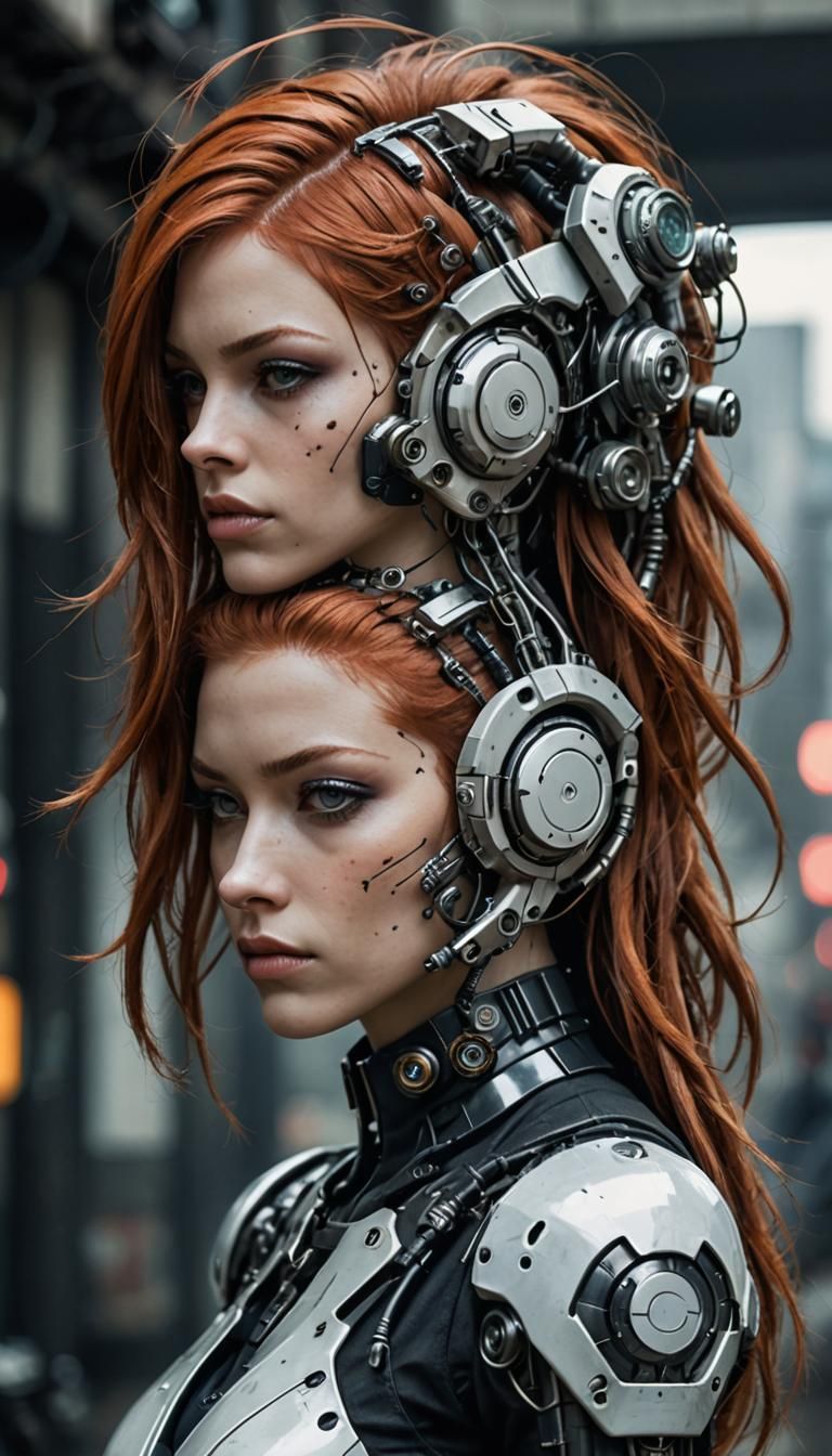 Cyberpunk Cyborg with Auburn Hair and Biopunk Details