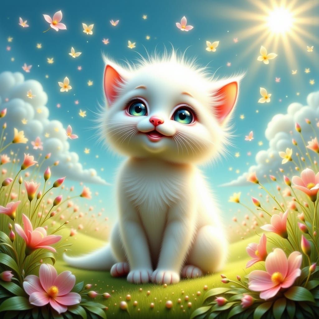 Whimsical Kitten in Sunlit Meadow
