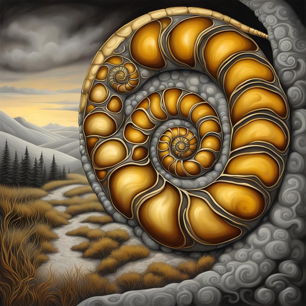 Golden Ammonite Fossil Against Grayscale Landscape