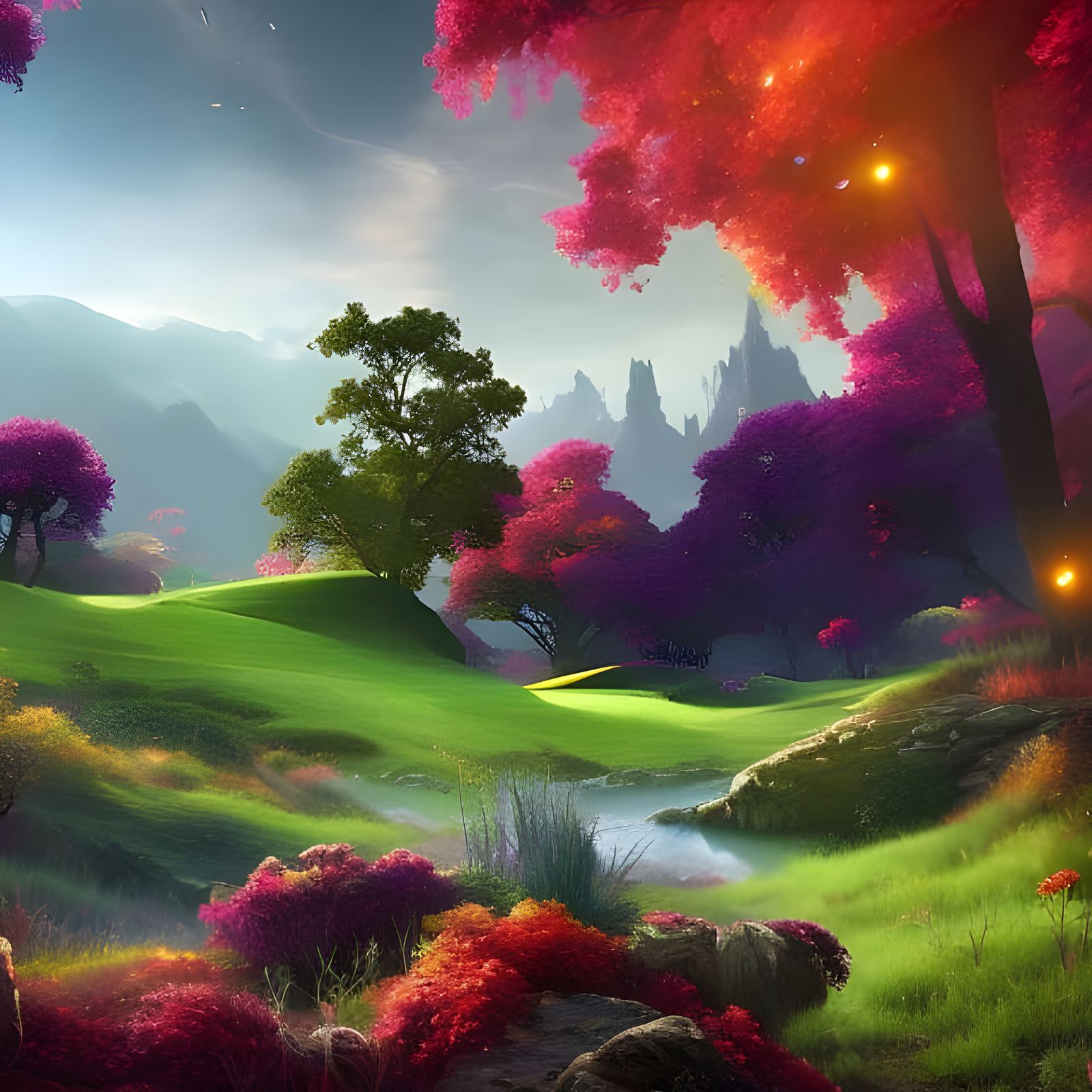Fantasy landscape, detailed matte paindeep color, fantastica detail, splash screen, comple colors, fantasy concept...