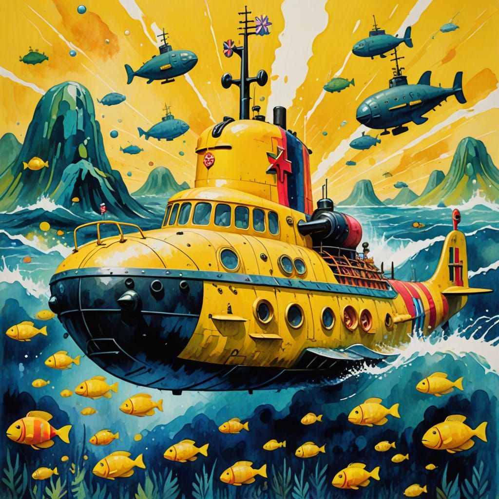 Epic Gouache Masterpiece of a Yellow Submarine