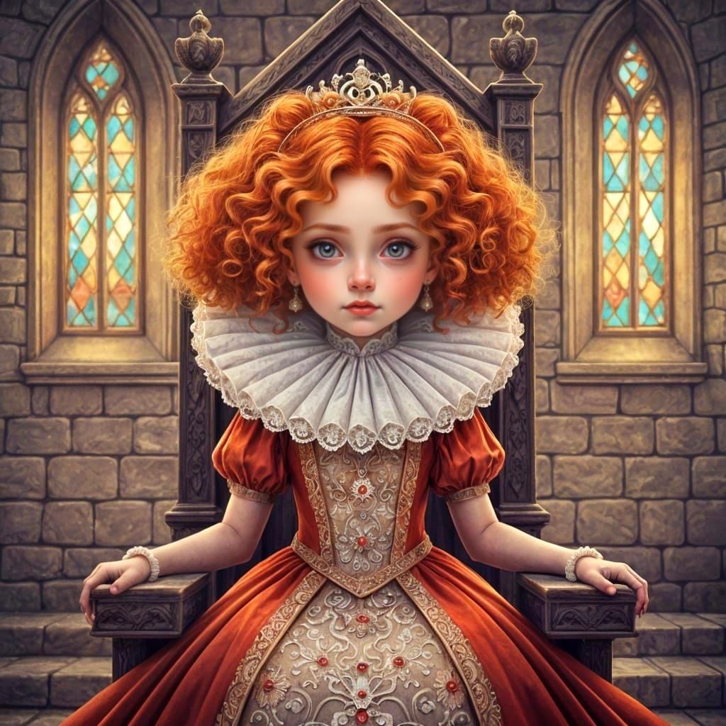Red-Haired Princess in Ornate Gown on Throne