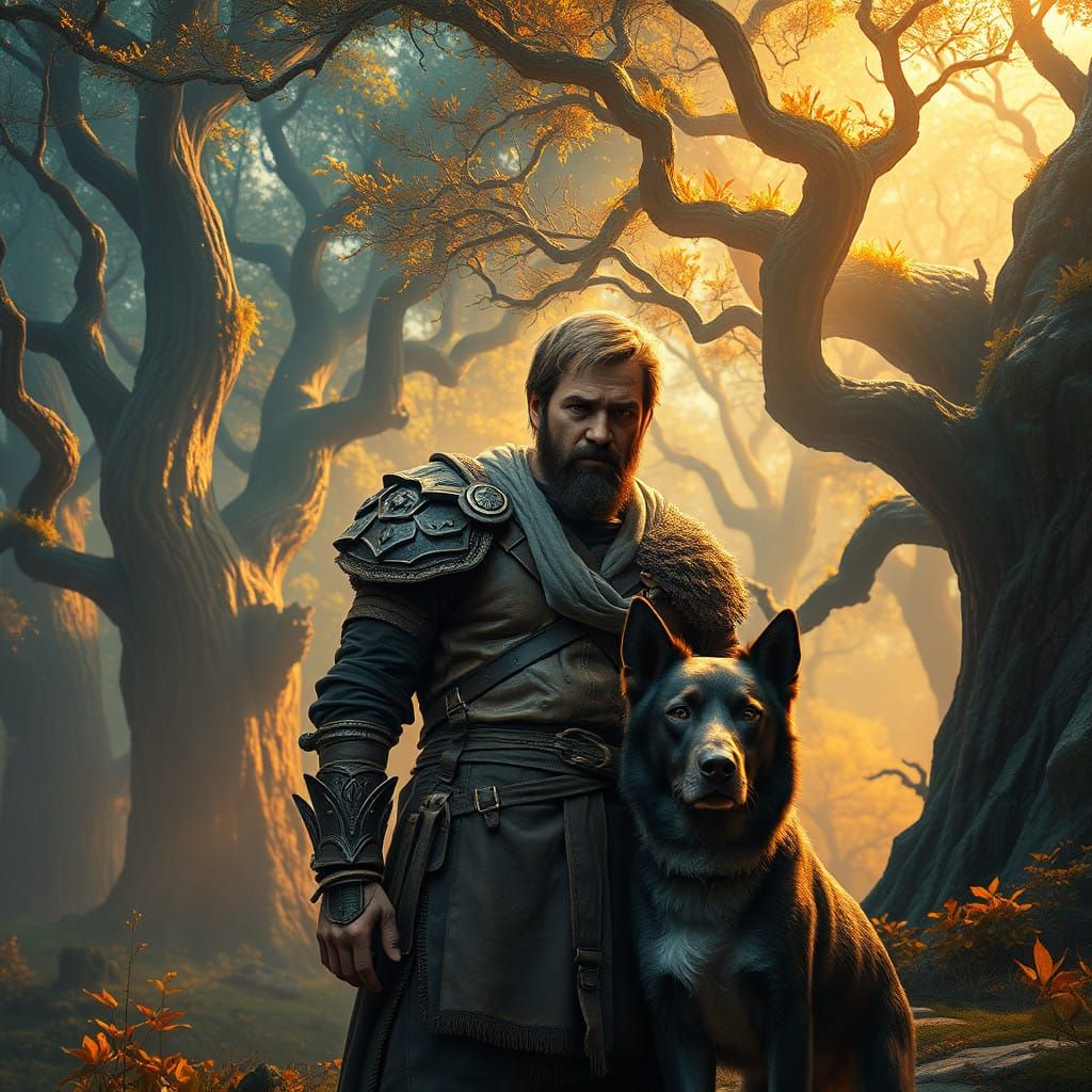 Man in Leather Armor Stands with Loyal Dog at Edge of Mystic...