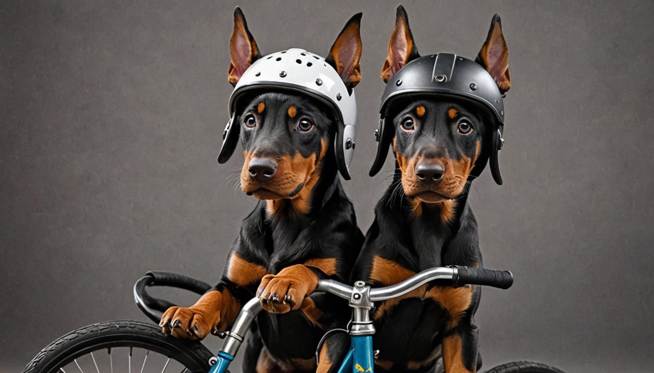 A Doberman puppy wearing a bicycle helmet