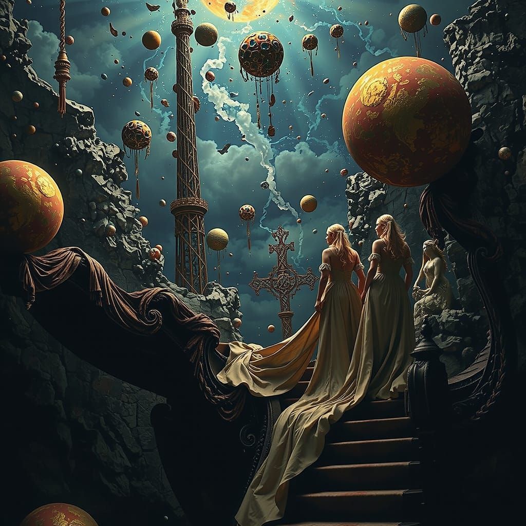 Elegant Women Ascend Celestial Staircase in Vivid Sky