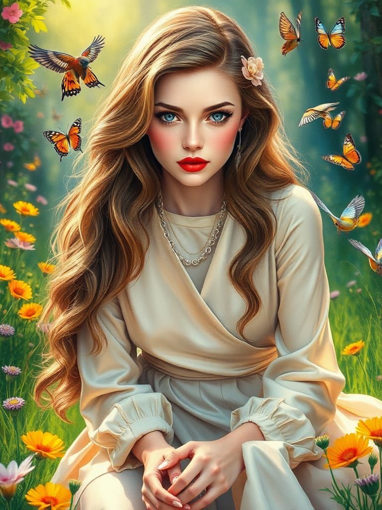 Beautiful Woman in Enchanted Forest, Monochrome Drawing