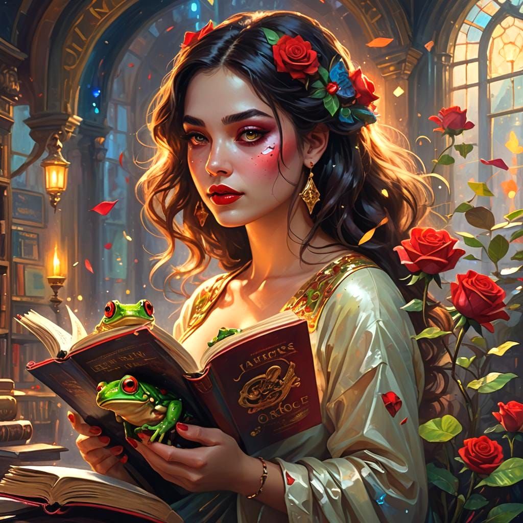Girl and Frog Emerge from Book in Fantasy Art