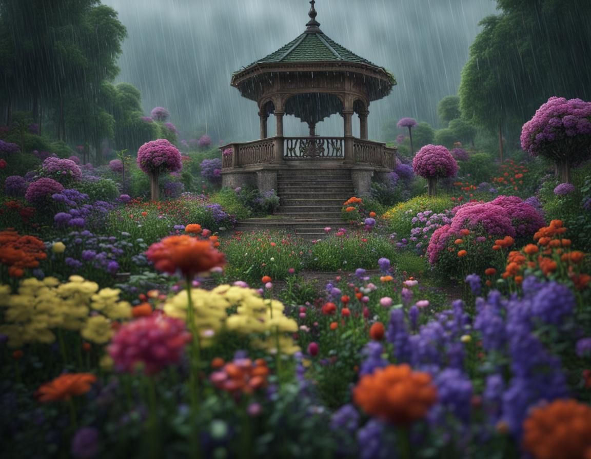 Cinematic Flower Garden Shimmers in Rainy Ambiance