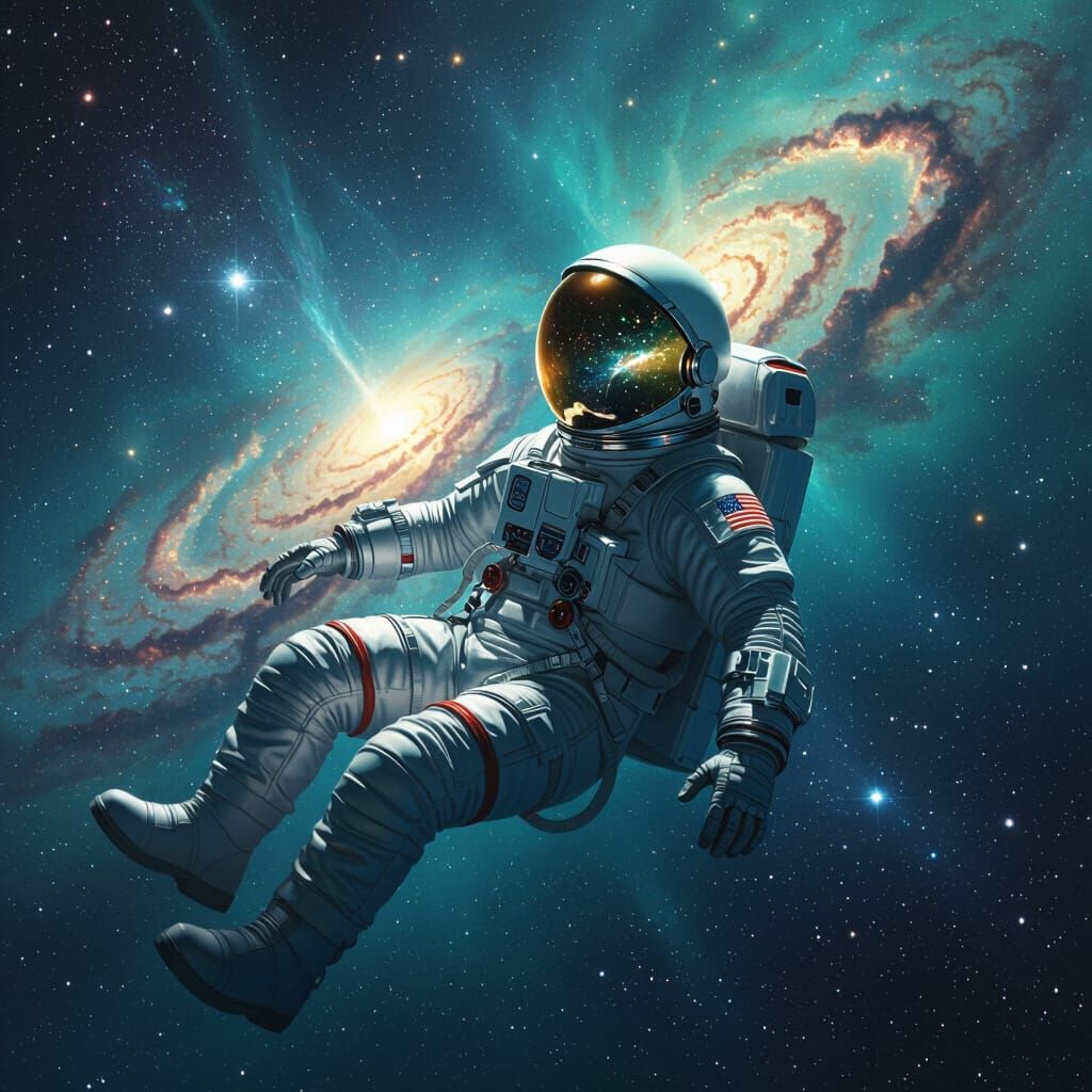 Astronaut Drifting Among Emerald and Sapphire Nebulae