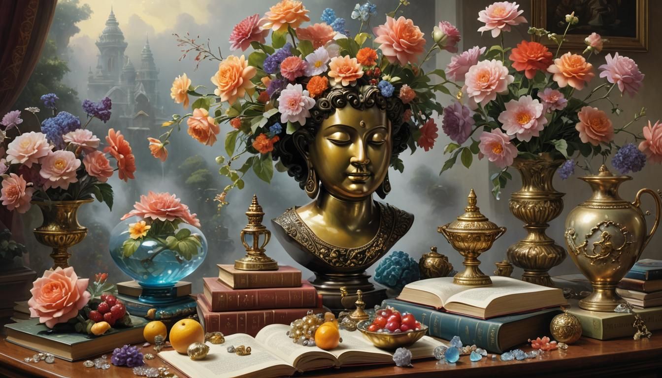 Ethereal Vanitas Still Life with Flowers and Objects