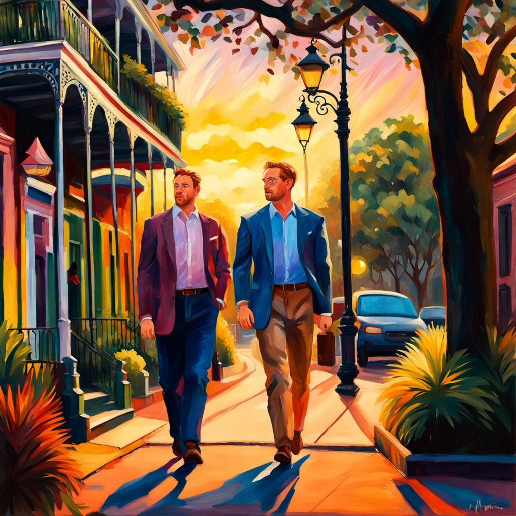 Men in New Orleans Garden District as Gouache Painting