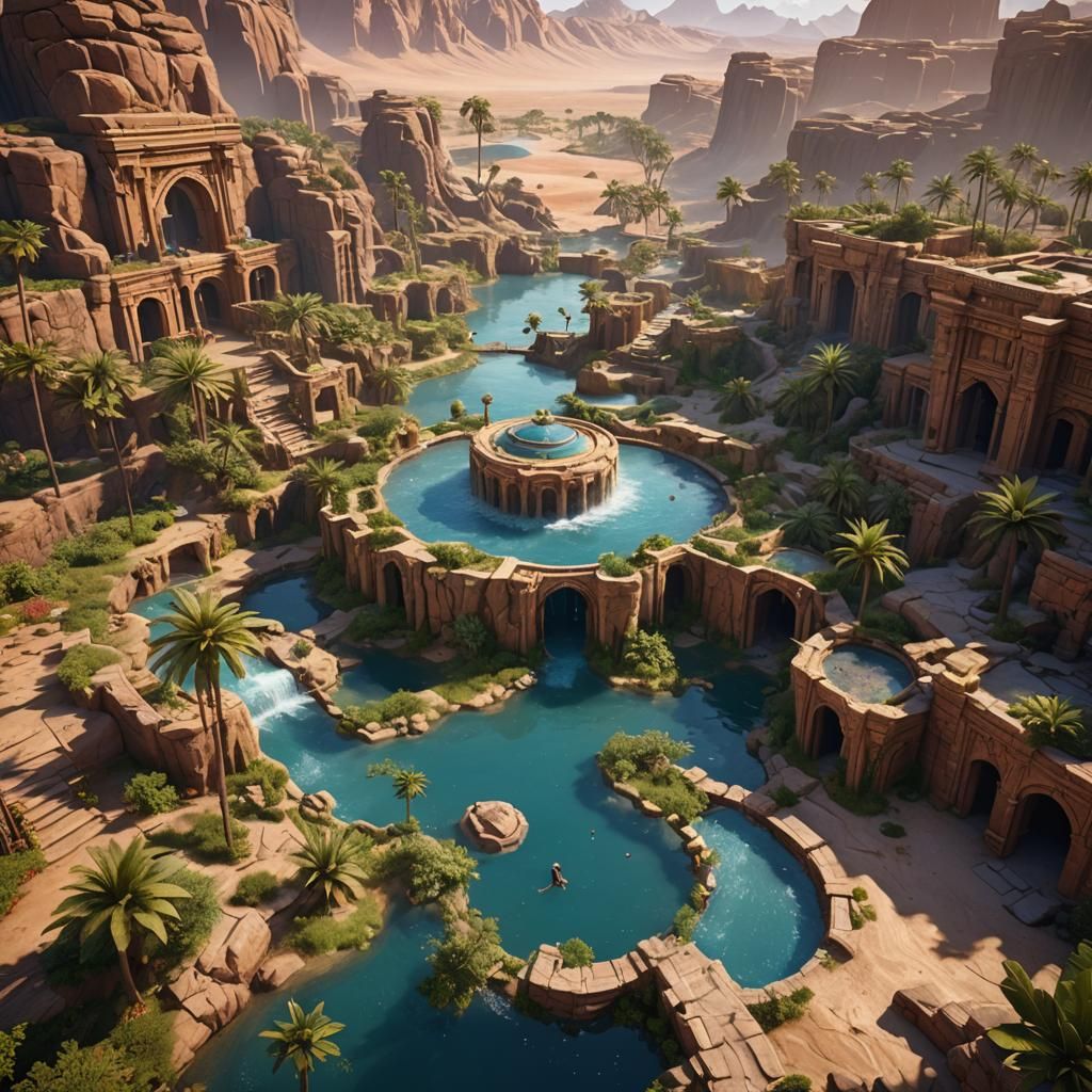 Fantastical Oasis Bathing Location in Detailed Matte Paintin...