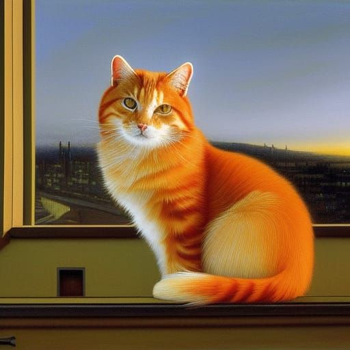 Orange Tabby Cat Overlooking Sunset Cityscape