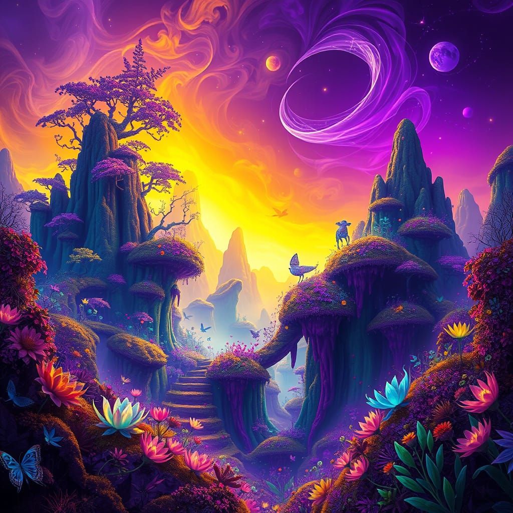 Surreal Fantasy Realm in Vibrant, Kaleidoscopic Hues