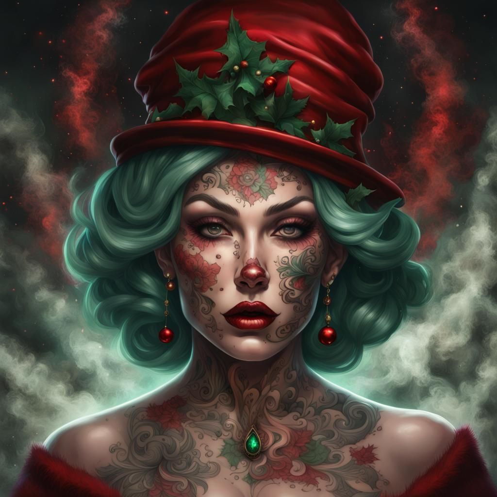 Eerie Tattooed Mrs. Claus Portrait in Surreal Style