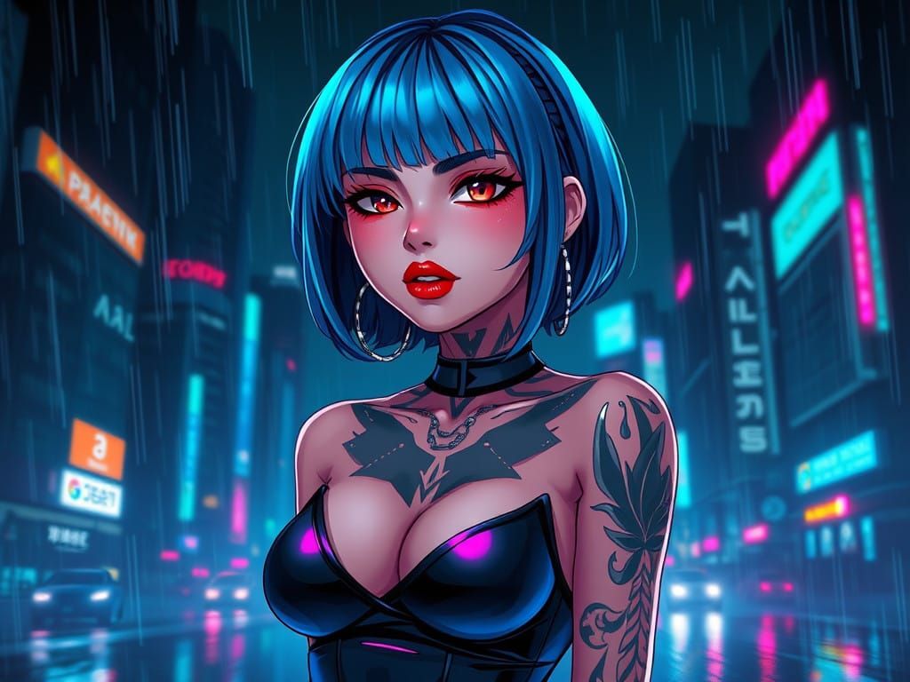 Gritty Cyberpunk Female Hacker in Neon-Lit Cityscape