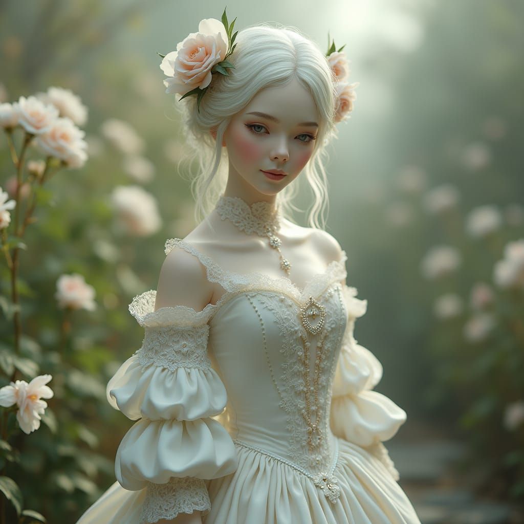 Porcelain Lady in Ethereal Garden, Digital Illustration
