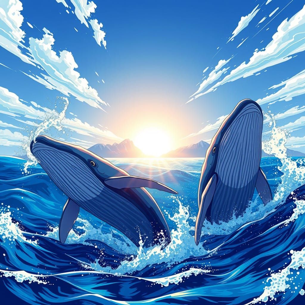 Surreal Anime-Style Humpback Whales Leaping in Crystal Blue....