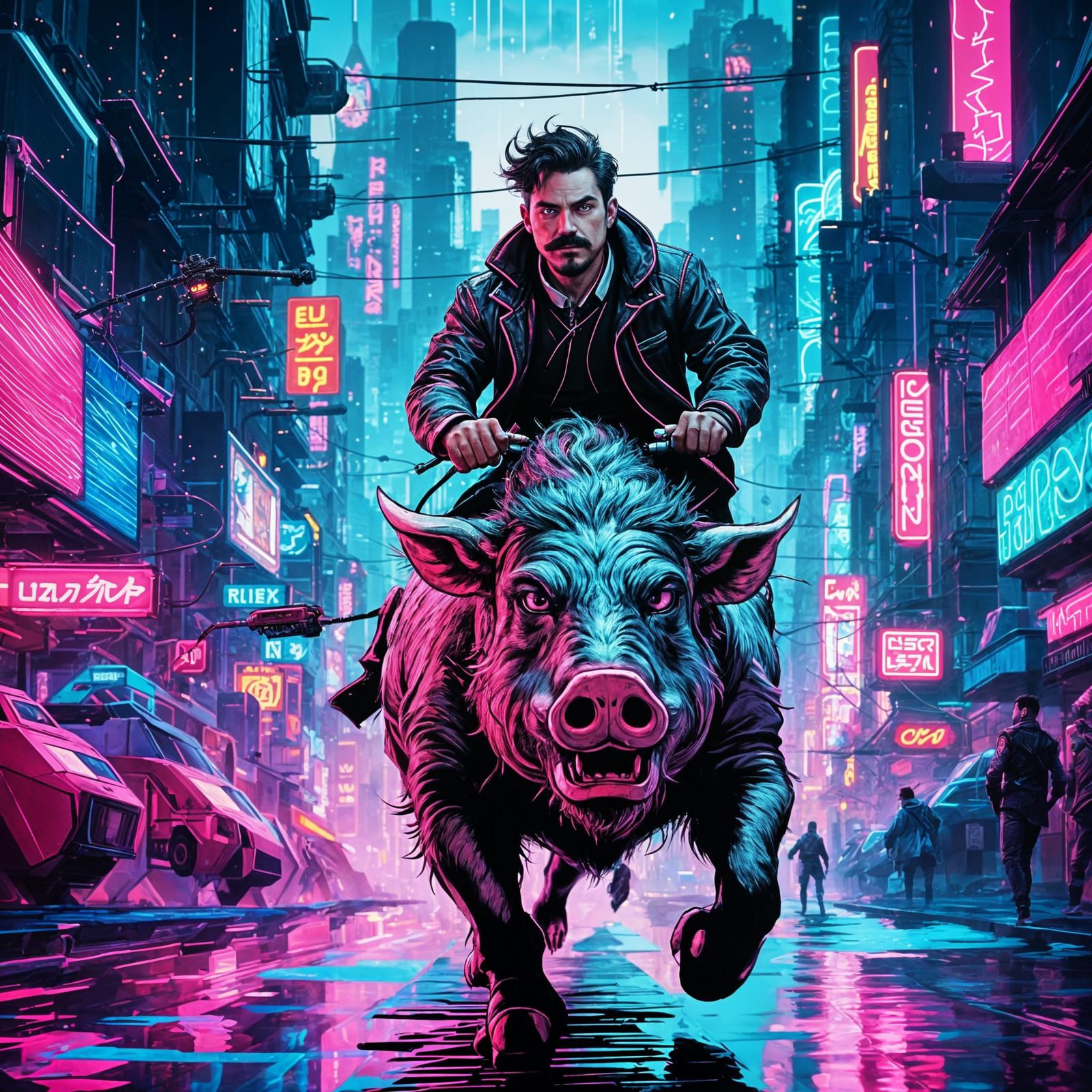 Cyberpunk Boar Rider in Neon Cityscape