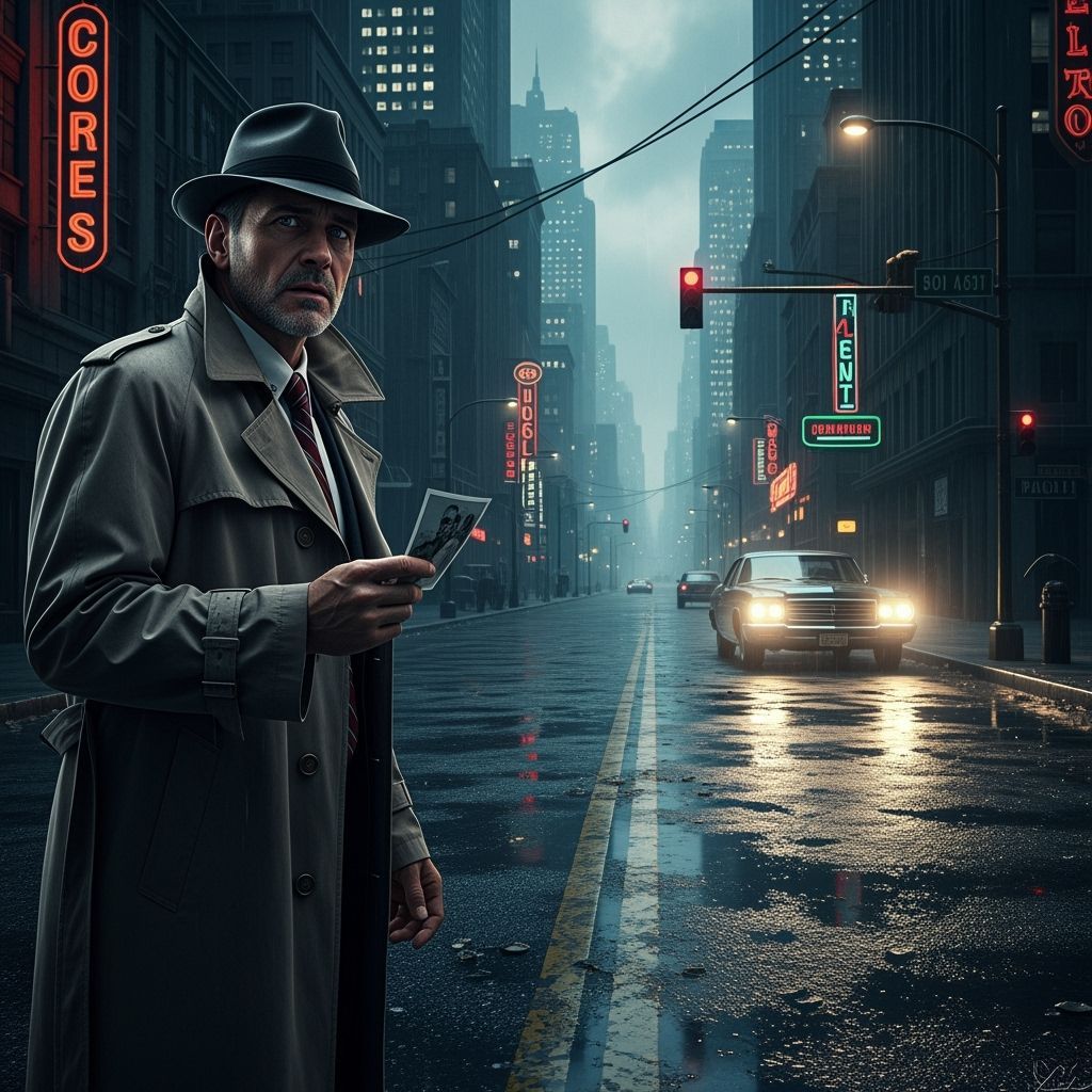 Film Noir Detective Searches on Rainy Street