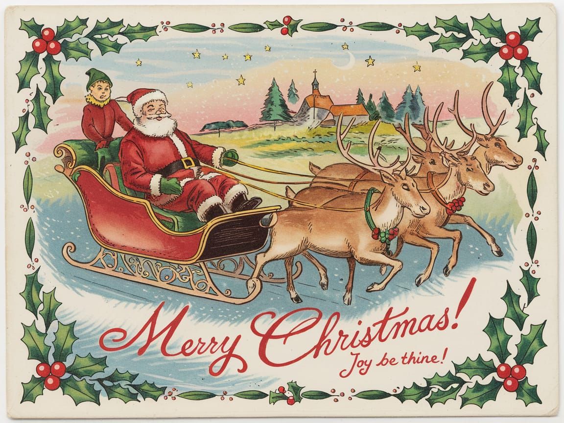 Vintage Illustration of Santa Claus in Sleigh Over Merry Vil...