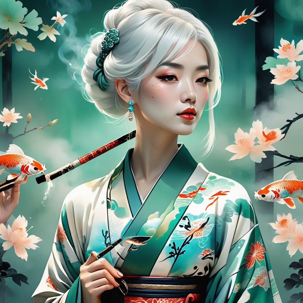 Kimono Woman with Koi Tattoo: Digital Watercolor Painting