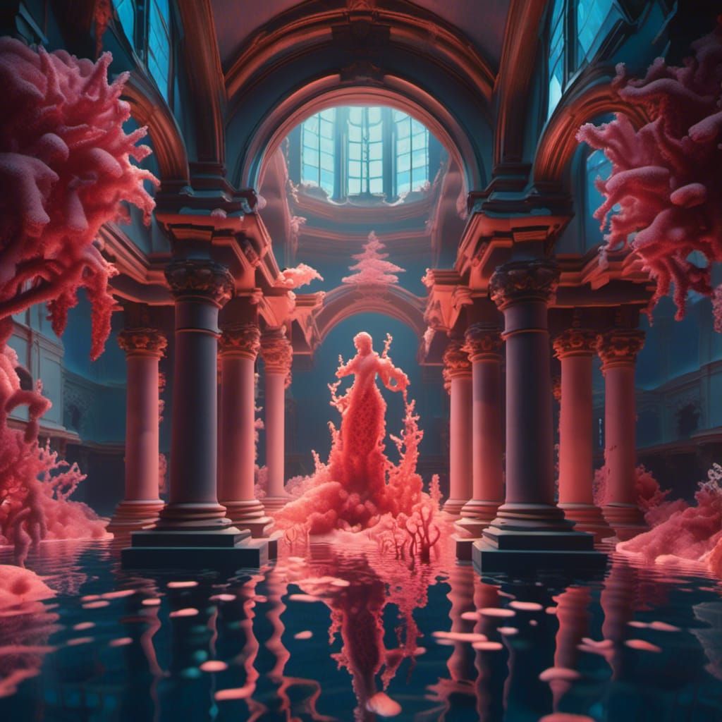 Underwater Coral Castle in Naive Folk Art Style