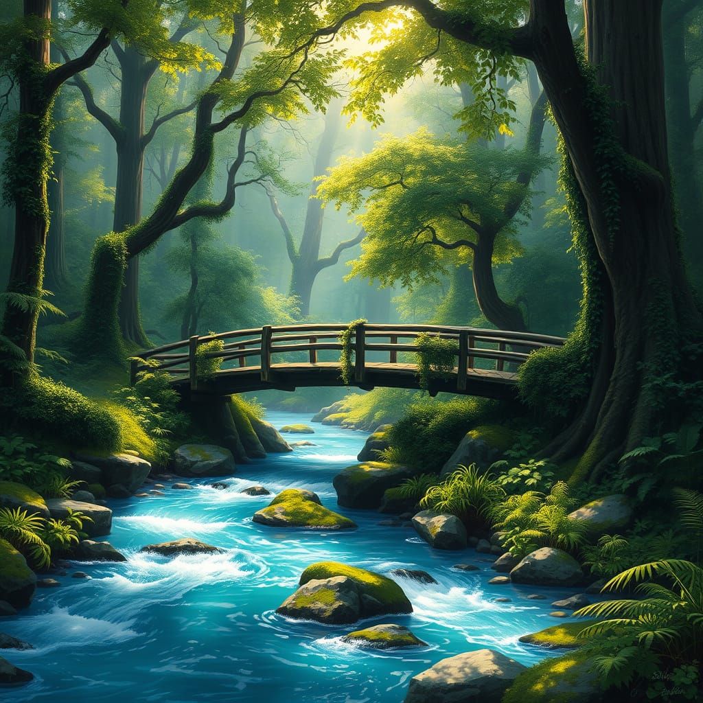 Serene Forest River with Rustic Bridge in Painterly Style