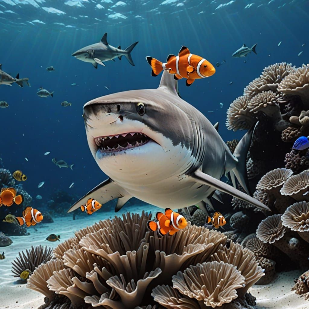 Shark and Clownfish Friendship in Ocean Depths
