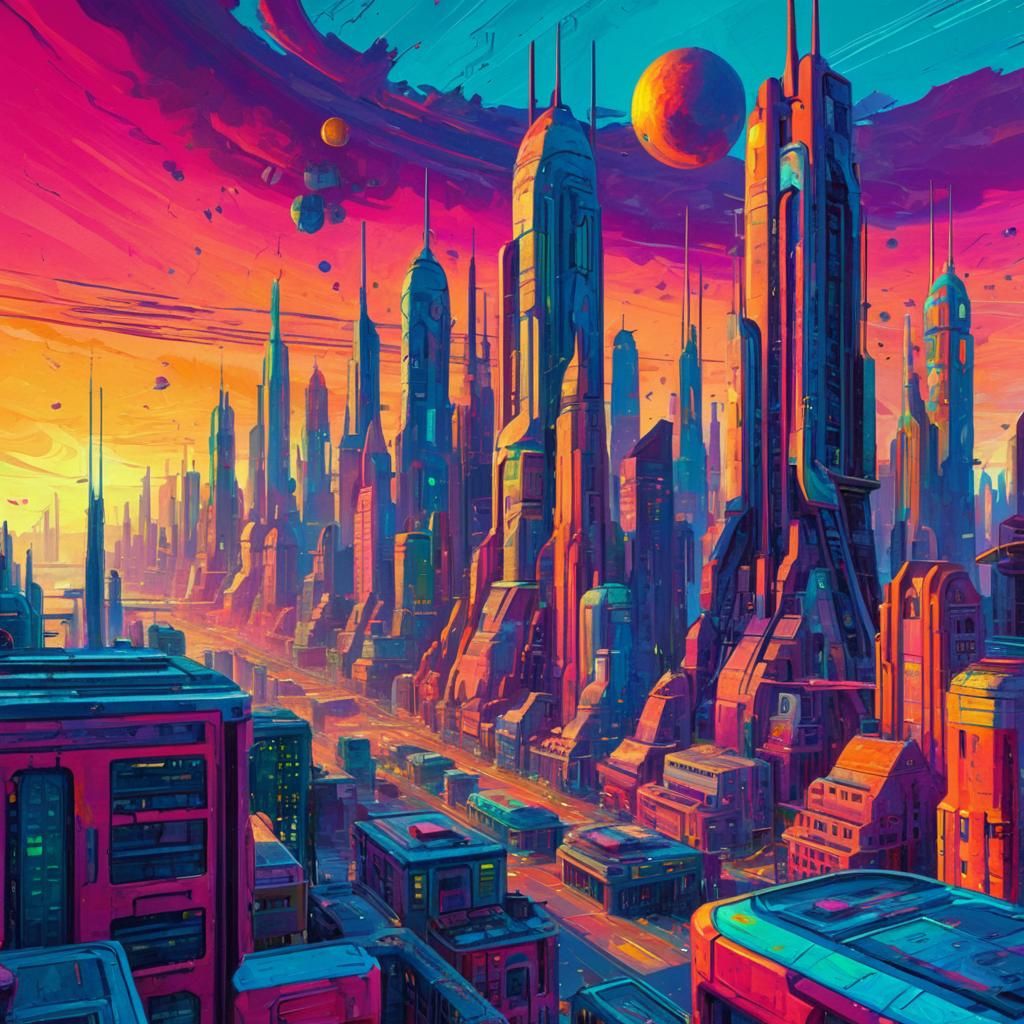 Vibrant Sci-Fi Cityscape in Fauvist Style