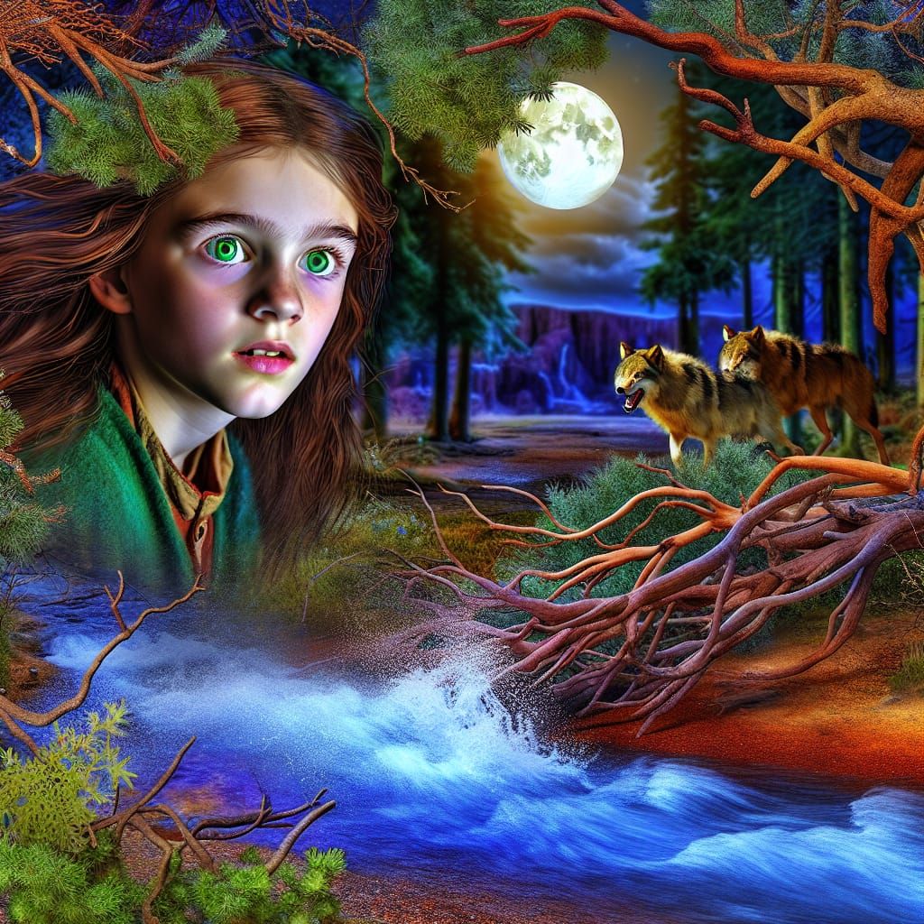 Girl Runs Through Woodland, Hyperrealistic Concept Art